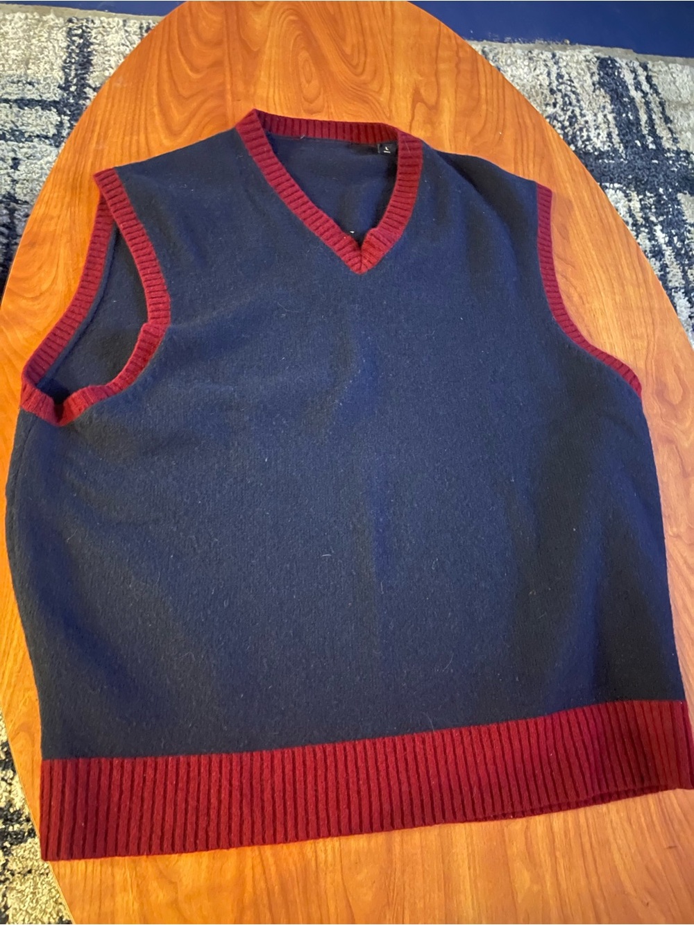 Classic Navy V-Neck Sleeveless Sweater with Burgundy Trim